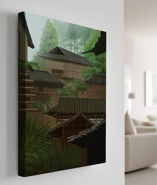 Traditional Japanese Architectural Scene with Lush Greenery