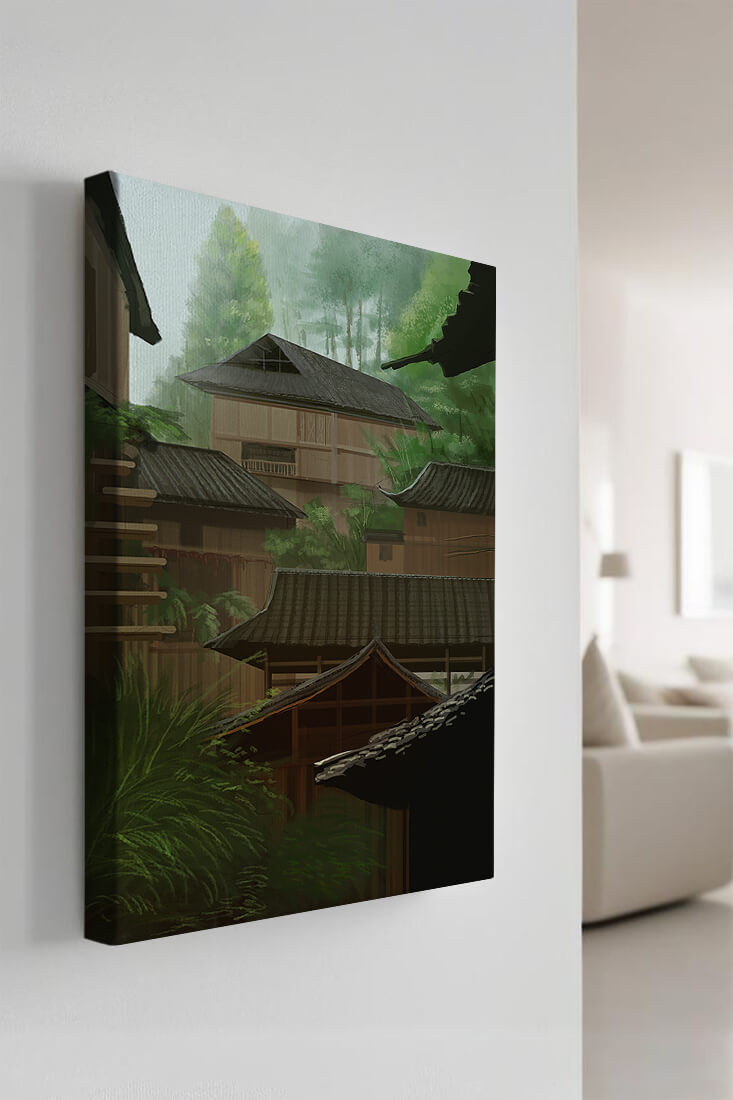 Traditional Japanese Architectural Scene with Lush Greenery