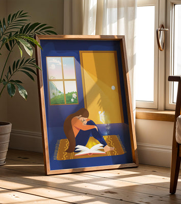 Woman sitting with an open magical book and a fairy in a room