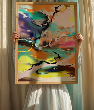 Pintura abstracta colorida con líneas vibrantes y dinámicas