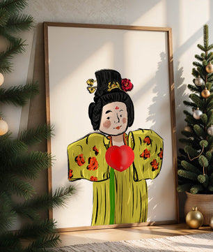 Ilustración de una figura tradicional con atuendo vibrante y un símbolo de corazón