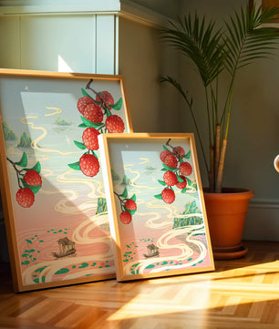 Idyllic Landscape with Lush Lychee Branches and Serene Waterscape
