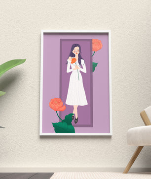 Illustration of a woman holding a flower in a serene pose