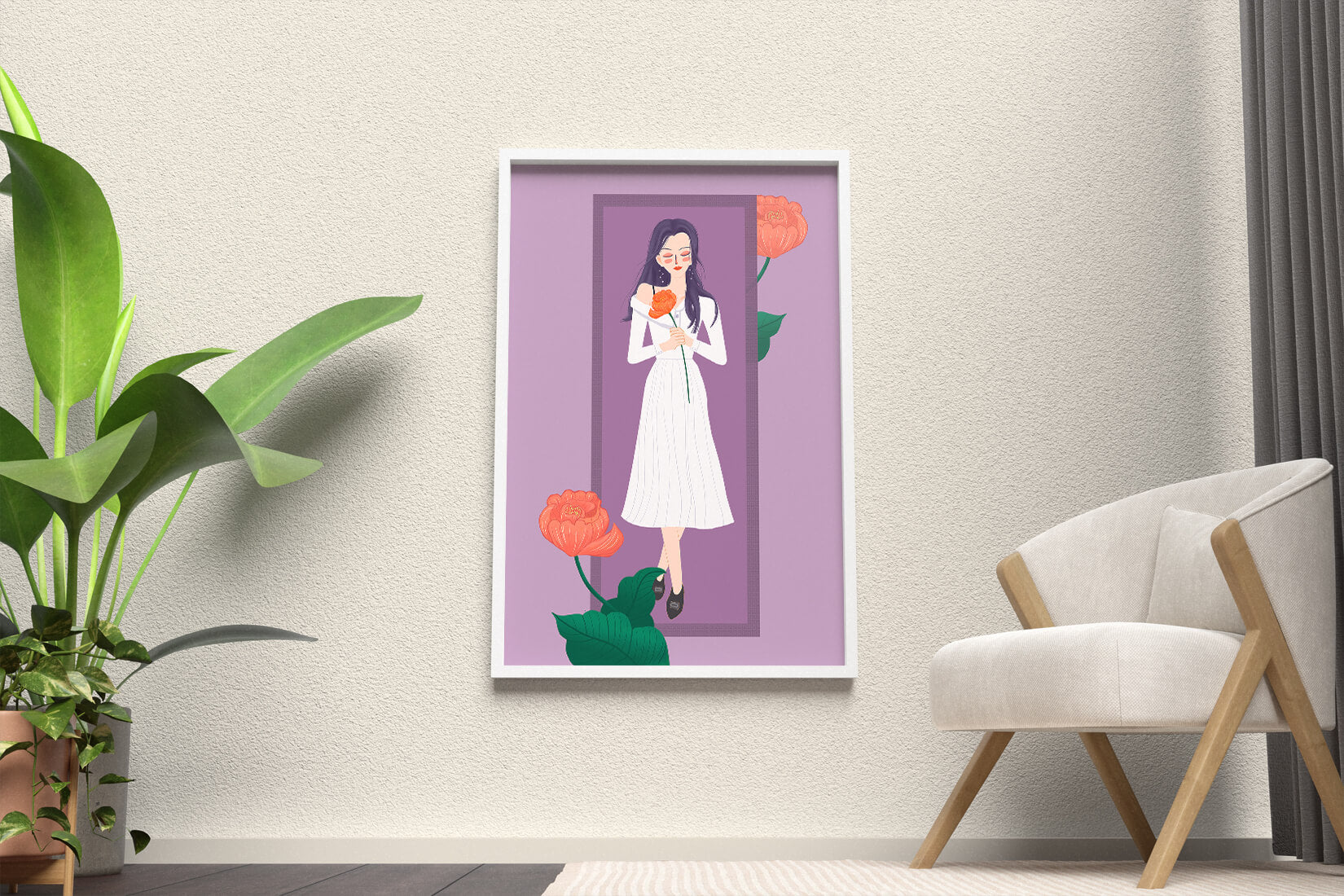 Illustration of a woman holding a flower in a serene pose