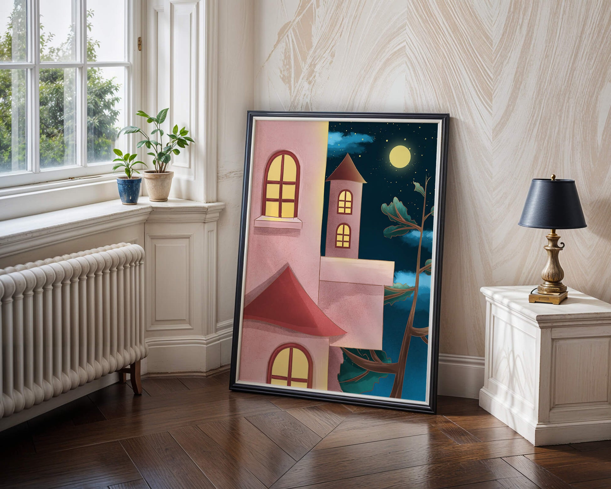 Castle with Arched Windows under Moonlit Sky