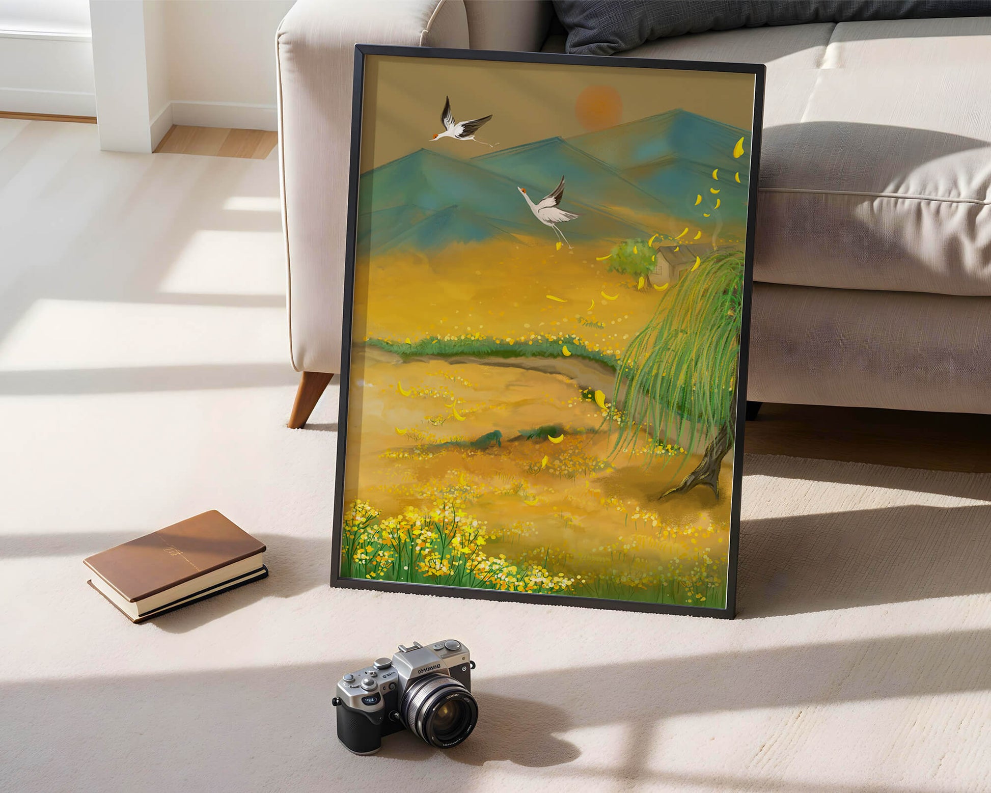 Ruhige Landschaft mit fliegenden Kranichen und goldenen Blüten