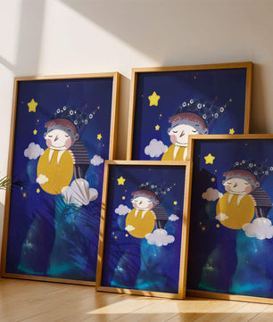 Scène nocturne onirique avec un enfant étreignant la lune