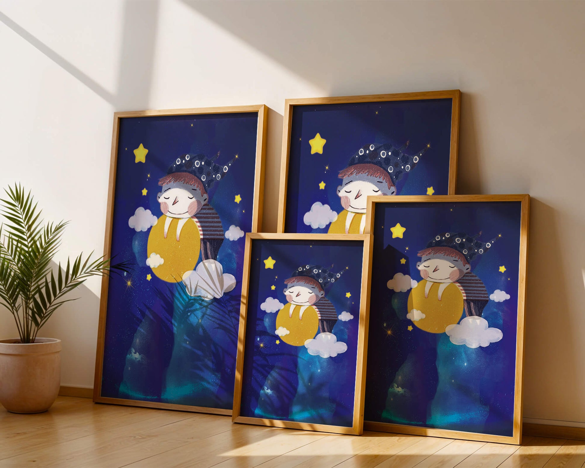 Dreamy Nighttime Scene with a Child Hugging the Moon