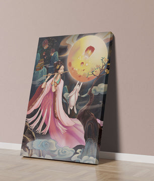Traditional Asian Art with Flute Player and Moon Rabbit