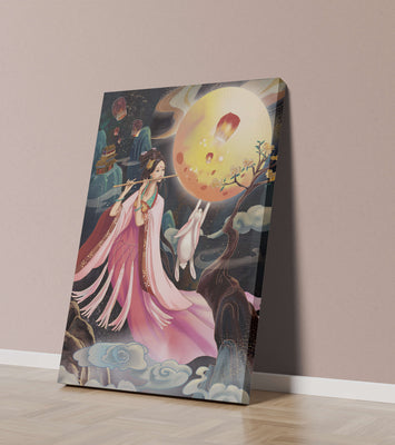 Traditional Asian Art with Flute Player and Moon Rabbit