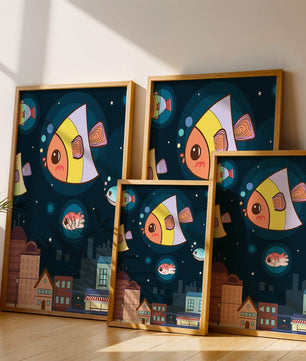 Poisson de dessin animé flottant au-dessus d'une ville nocturne avec des étoiles