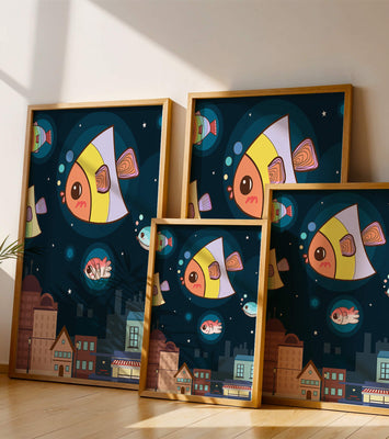 Cartoon Fish Floating Over Night City Scene with Stars