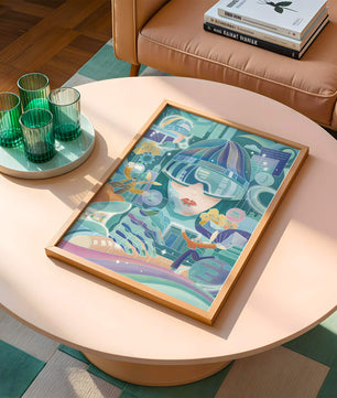 Futuristic digital art with virtual reality and technology themes