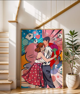 Pareja abrazándose en estilo pop art con un fondo colorido
