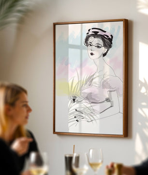 Elegant Woman in Vintage Fashion with Veil Hat and Pastel Background - Mi tienda
