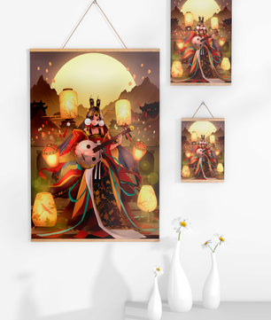 Elegant musician with traditional attire under lanterns and mountains