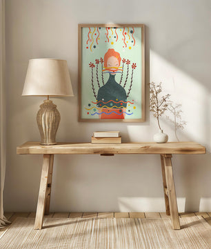 Whimsical Abstract Art of a Woman with Flowers and Streamers - Mi tienda