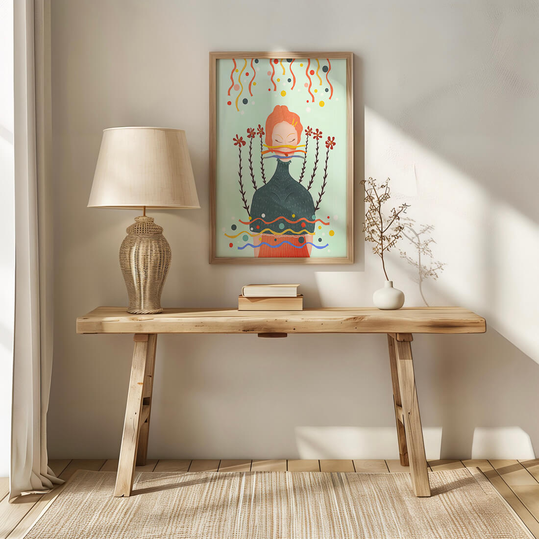 Whimsical Abstract Art of a Woman with Flowers and Streamers - Mi tienda