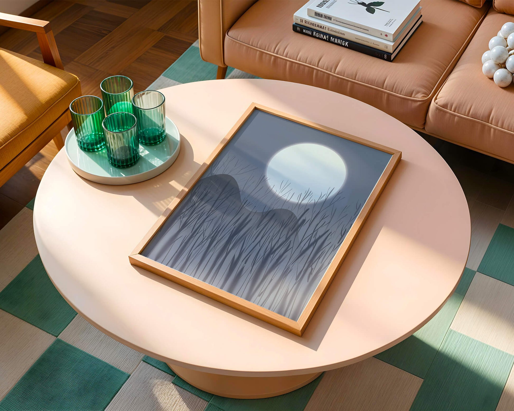Ruhige Nachtlandschaft mit Vollmond und kahlen Bäumen