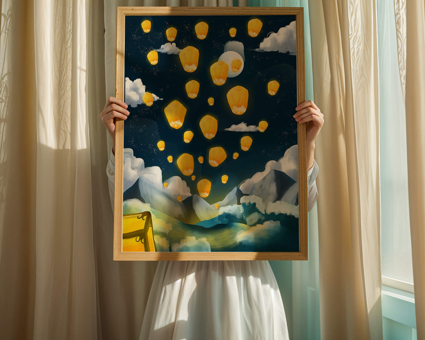 Lanterns floating in a starry night sky over mountains