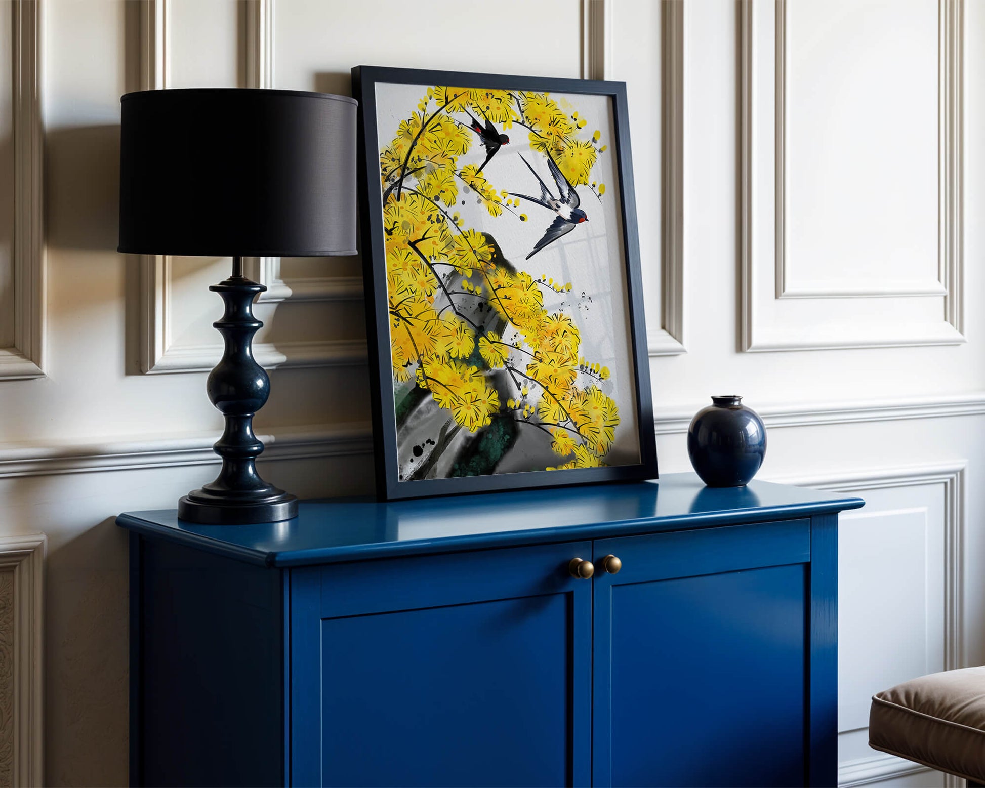 Artistic depiction of swallows amid vibrant yellow blossoms