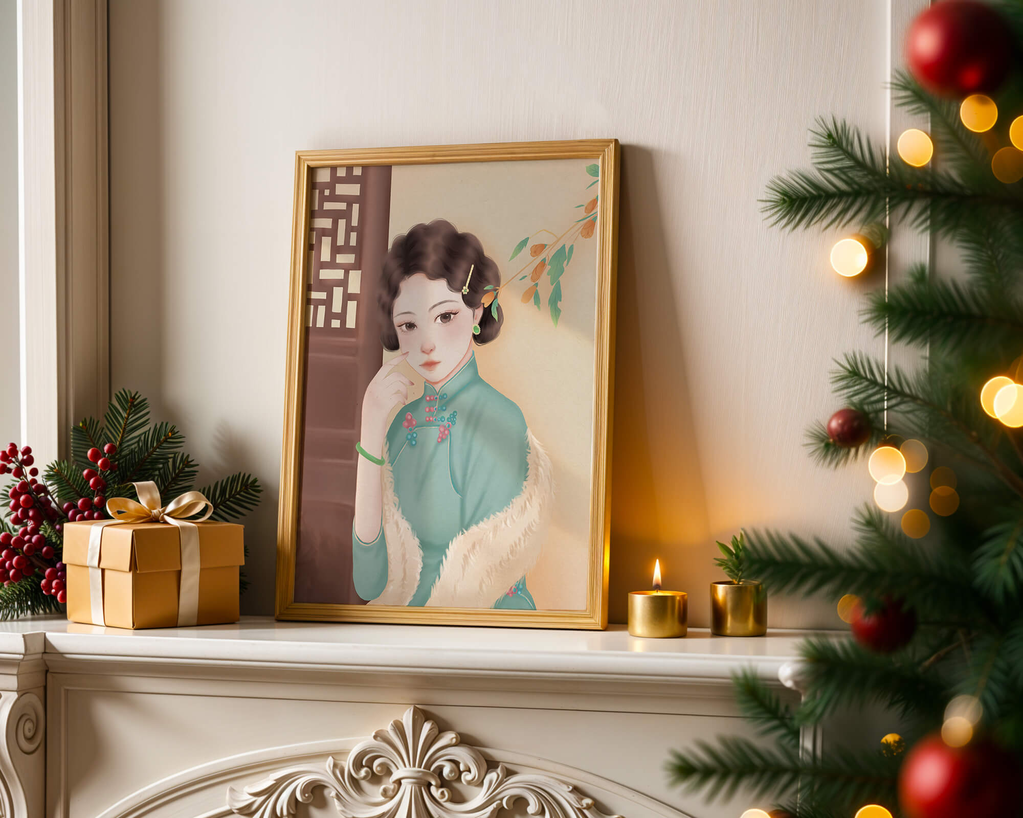 Elegant portrait of a woman in traditional attire with jade accessories