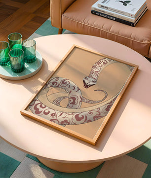 Elegant coiled snake with floral patterns in an artistic composition