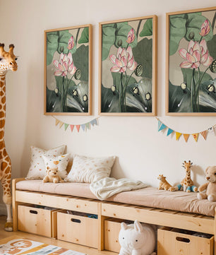 Illustrated lotus with playful cartoon bees in a serene garden