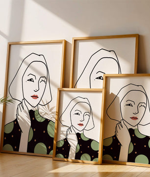 Modern Minimalist Portrait of a Winking Woman in Green Polka Dot Dress - Mi tienda