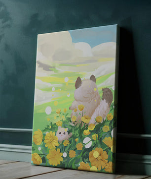 Whimsical Scene of Fluffy Cat and Kitten Among Yellow Flowers