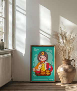 Charmanter tibetischer Charakter mit traditioneller Lebensmittelillustration