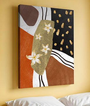 Abstract floral artwork with gold accents and earthy tones