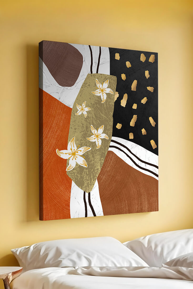 Abstract floral artwork with gold accents and earthy tones
