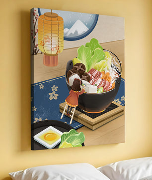 Illustration eines gemütlichen Winteressens mit Hot Pot und Zutaten