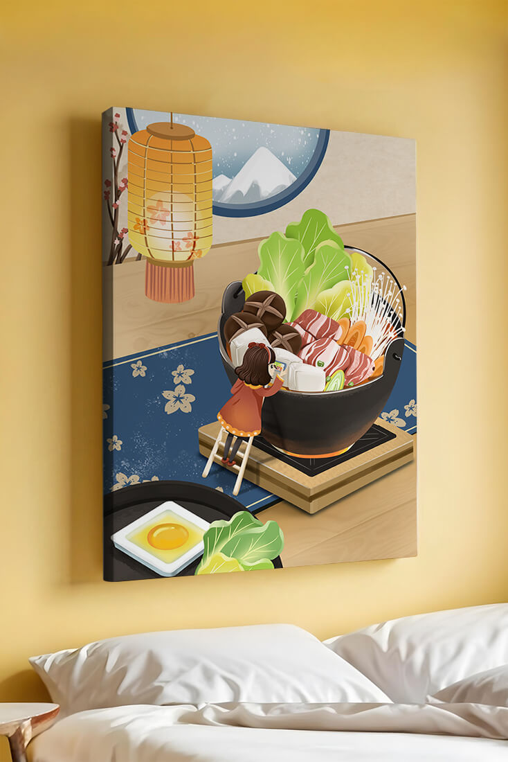 Illustration eines gemütlichen Winteressens mit Hot Pot und Zutaten