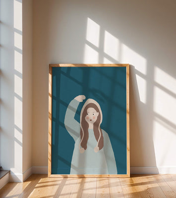 Illustrated girl with hoodie on teal background