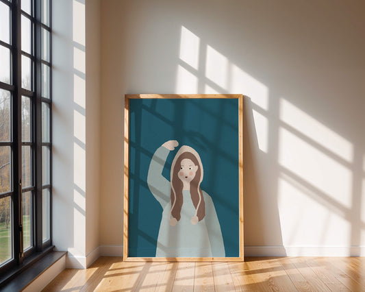 Illustrated girl with hoodie on teal background