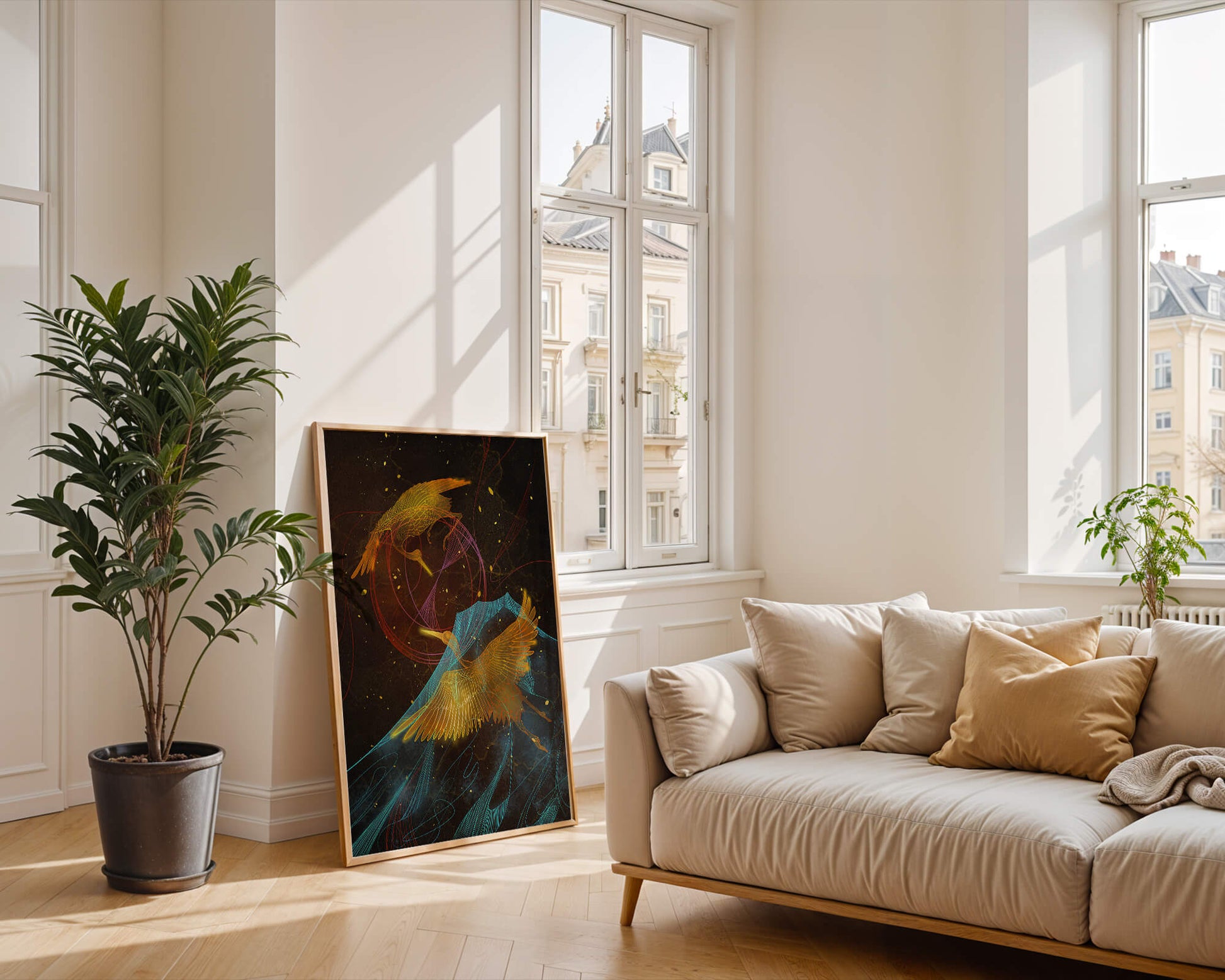 Elegant Cranes in Cosmic Dance with Golden and Blue Accents