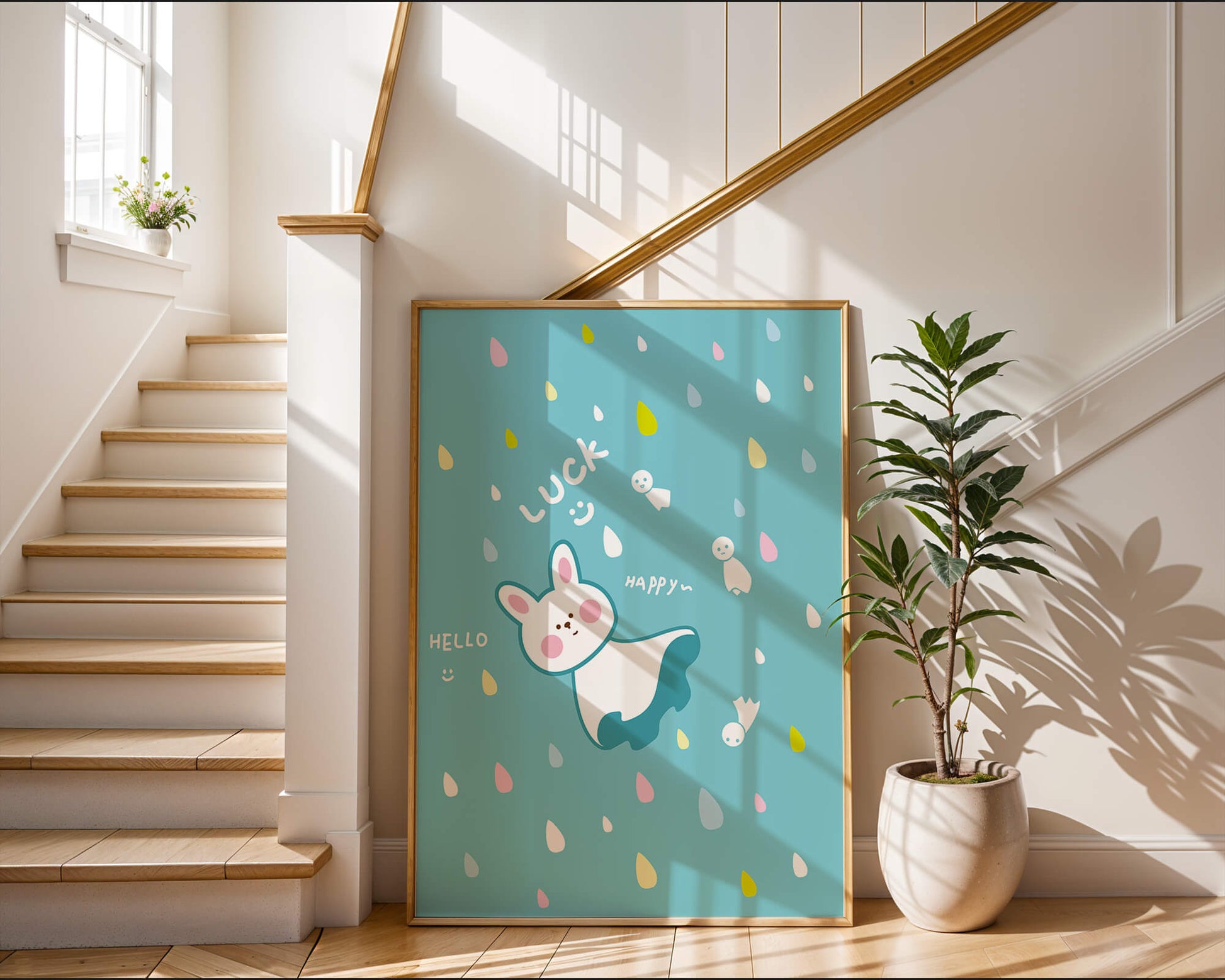 Adorable cartoon bunny with colorful drops on a blue background