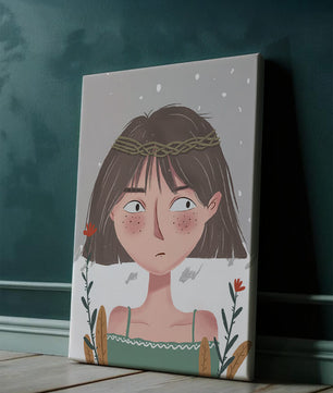 Illustrated girl with a braided crown, floral accents, and expressive features