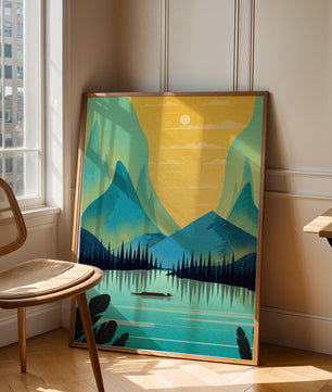 Serene lake landscape with mountains and sunset