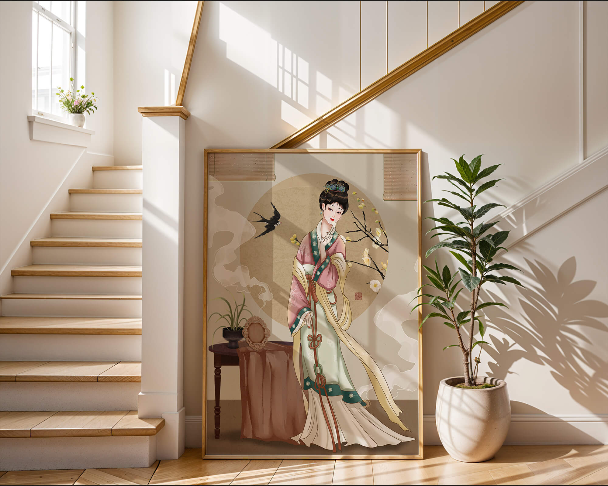 Elegant traditional Asian lady in classic attire with nature elements