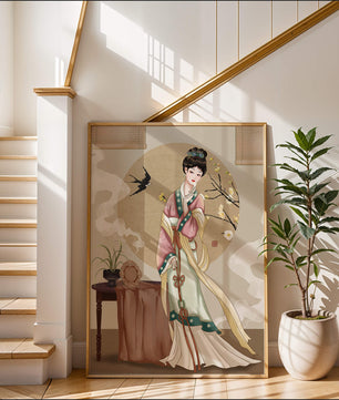 Elegante traditionelle asiatische Dame in klassischer Kleidung mit Naturelementen