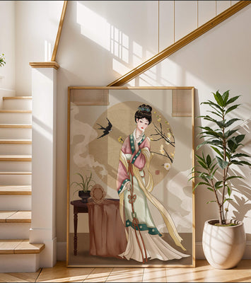 Elegant traditional Asian lady in classic attire with nature elements