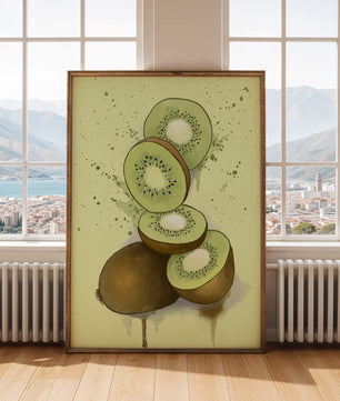 Watercolor illustration of sliced kiwi fruit with splashes