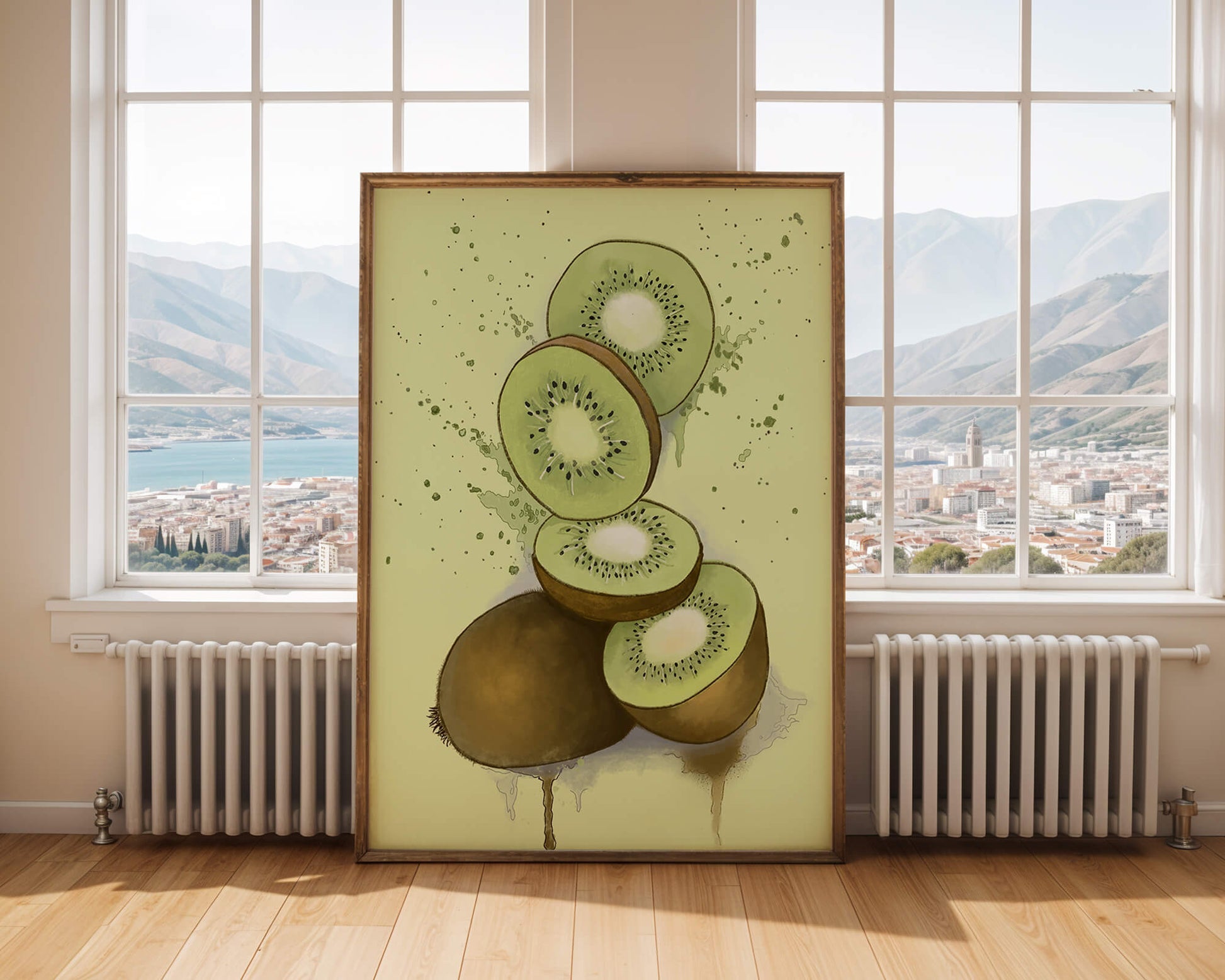 Watercolor illustration of sliced kiwi fruit with splashes