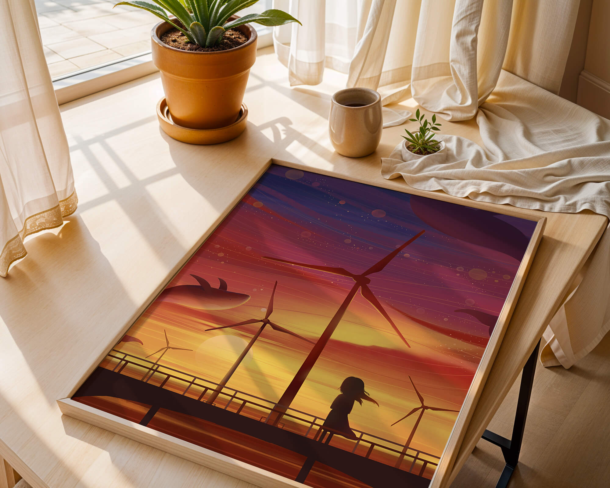 Enchanting sunset scene with wind turbines and silhouette of a girl