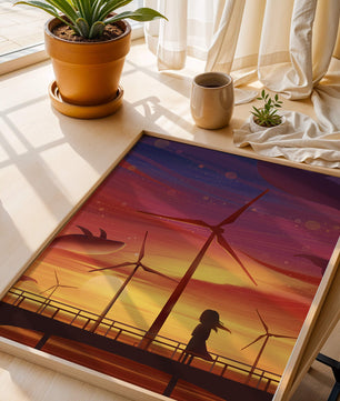 Enchanting sunset scene with wind turbines and silhouette of a girl