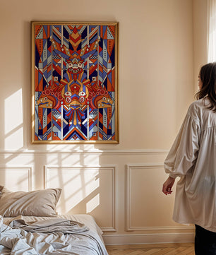 Arte tribal geométrico con colores vibrantes y patrones simétricos