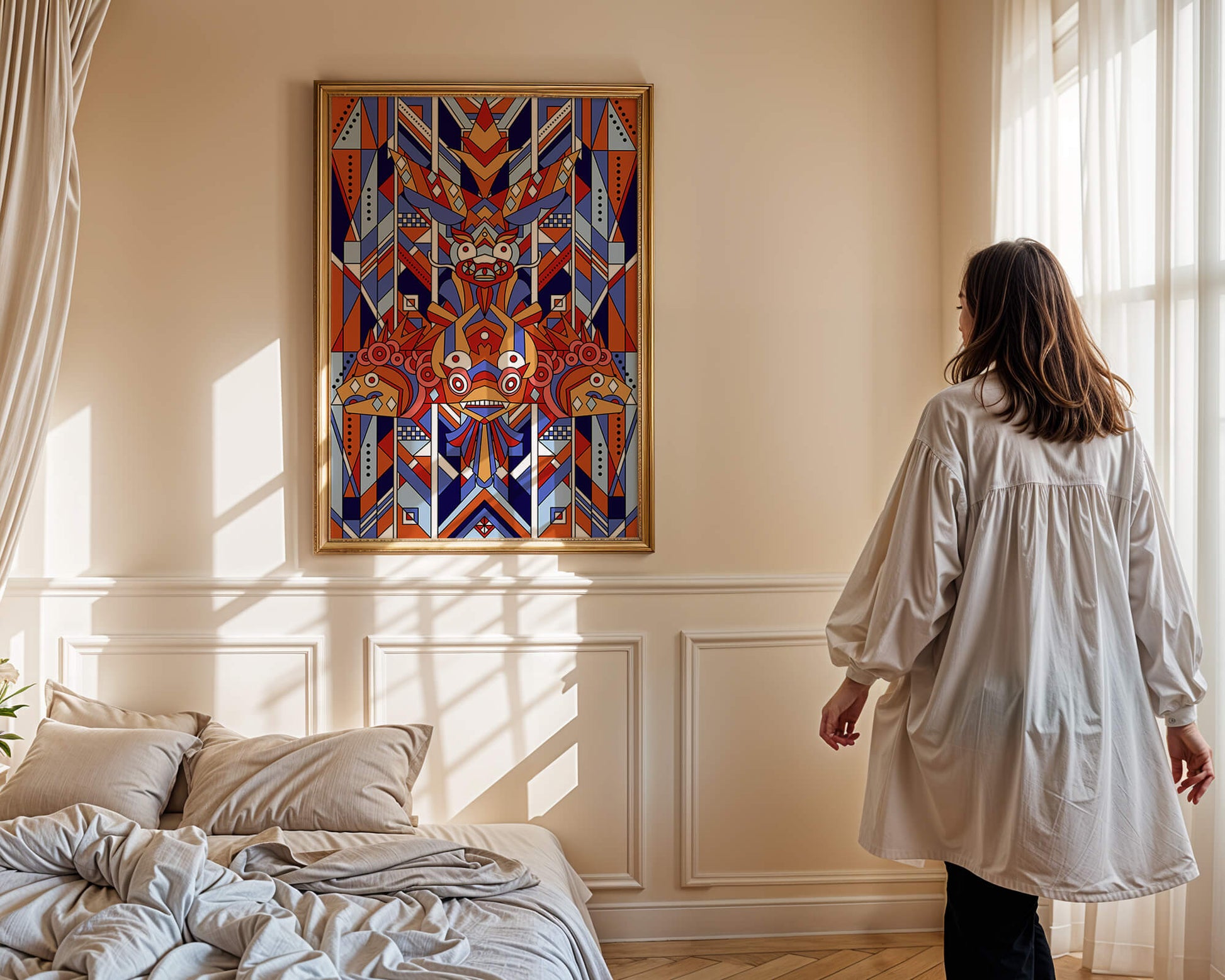 Arte tribal geométrico con colores vibrantes y patrones simétricos